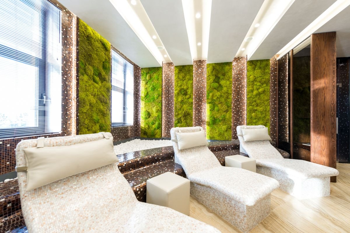 Placeholder — tiled loungers in a wellness center (stock photo)