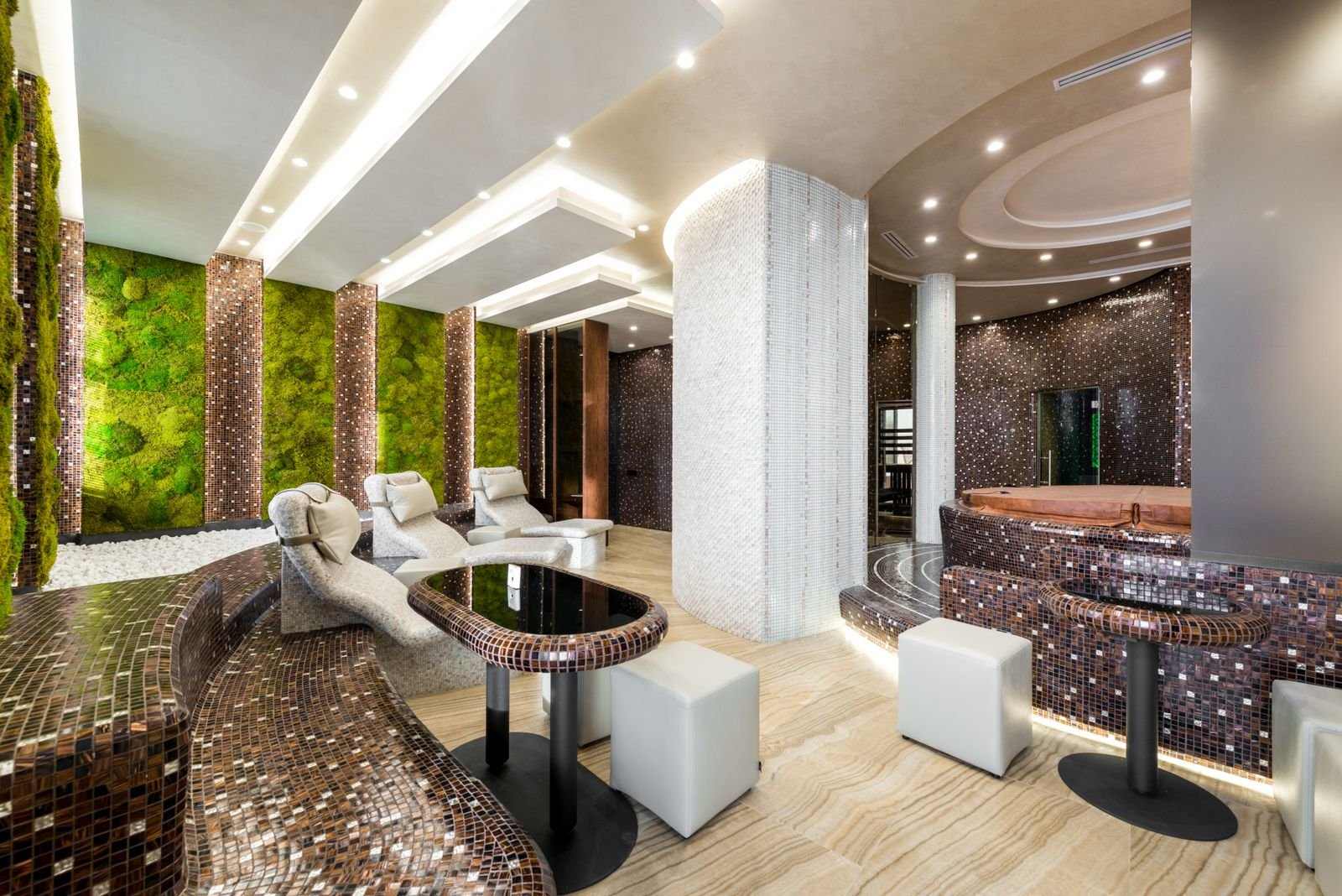 Placeholder — heated loungers in a modern spa interior (stock photo, not Aurora's real facility)